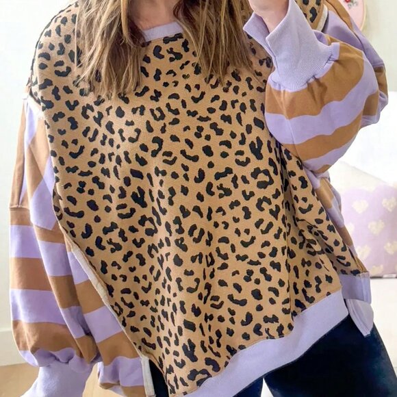 Multicolor Casual Women's Leopard Print Round Neck Shirt - Picture 1 of 7
